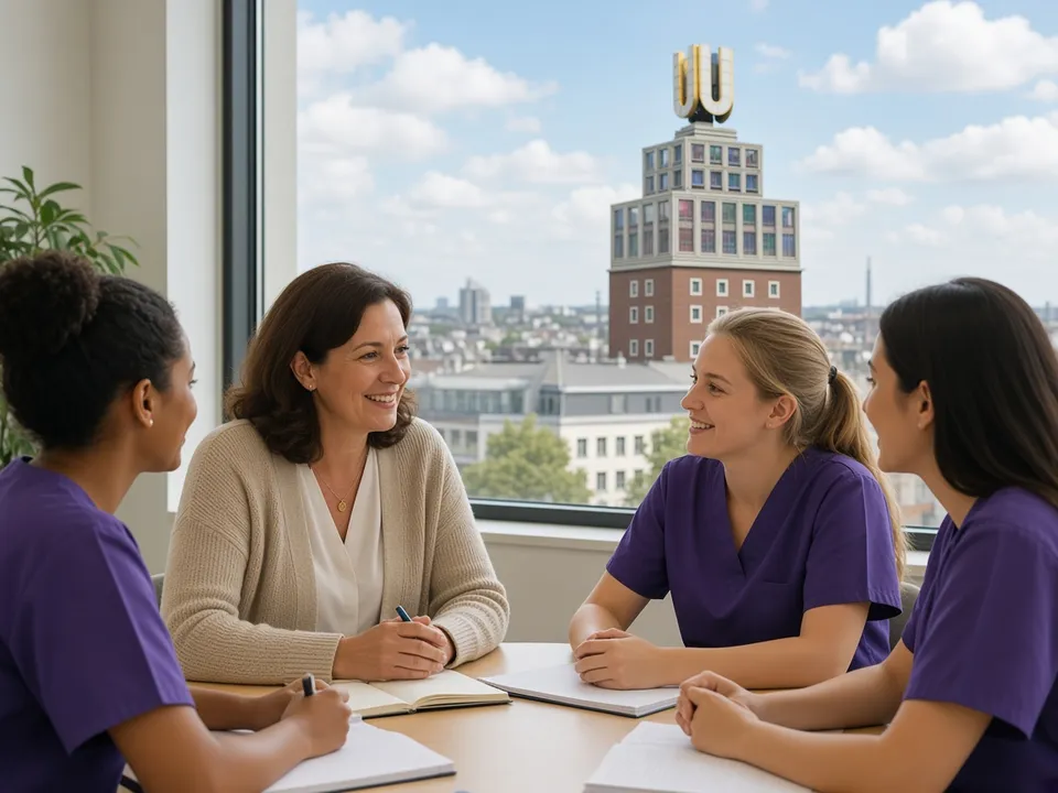 KI-generiertes Symbolbild: Lehrerin und Auszubildende im Gespräch, im Fenster das Dortmunder U