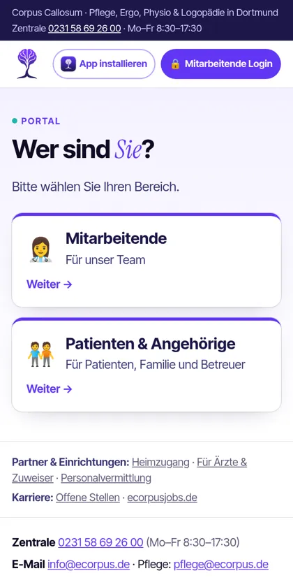 Portal auf dem Handy: Auswahl des Bereichs
