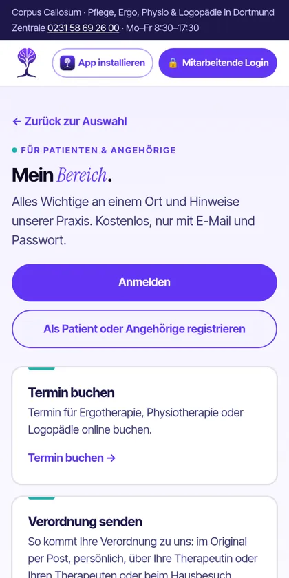 Portal auf dem Handy: Bereich für Patienten und Angehörige